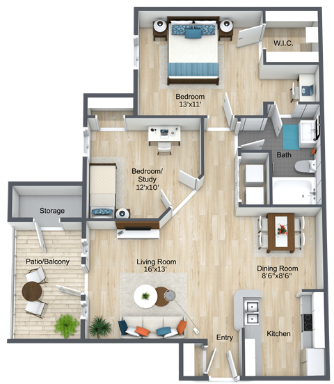 Floor plan for 2 beds, 1 bath, 902 sqft